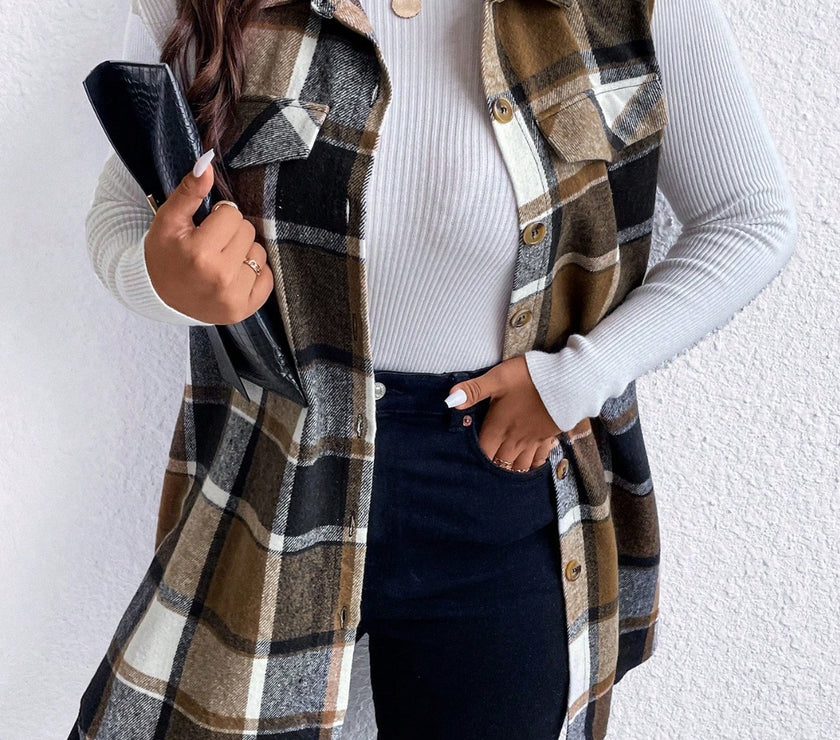 Honey Plus Size Pocketed Plaid Button Up Vest Coat