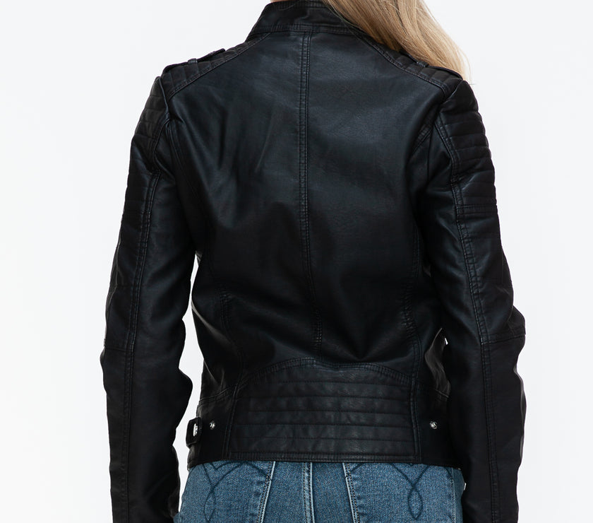 Snobbish PU Leather Biker Jacket with Side Zip Pockets