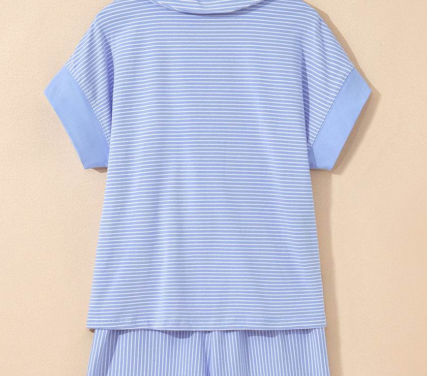 Sky Blue Stripe Dolman Sleeve Polo Shirt and Drawstring Shorts Set