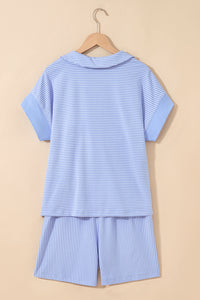 Sky Blue Stripe Dolman Sleeve Polo Shirt and Drawstring Shorts Set