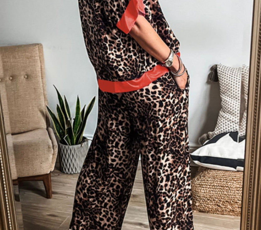 Contrast Trim Leopard Round Neck Top and Pants Lounge Set