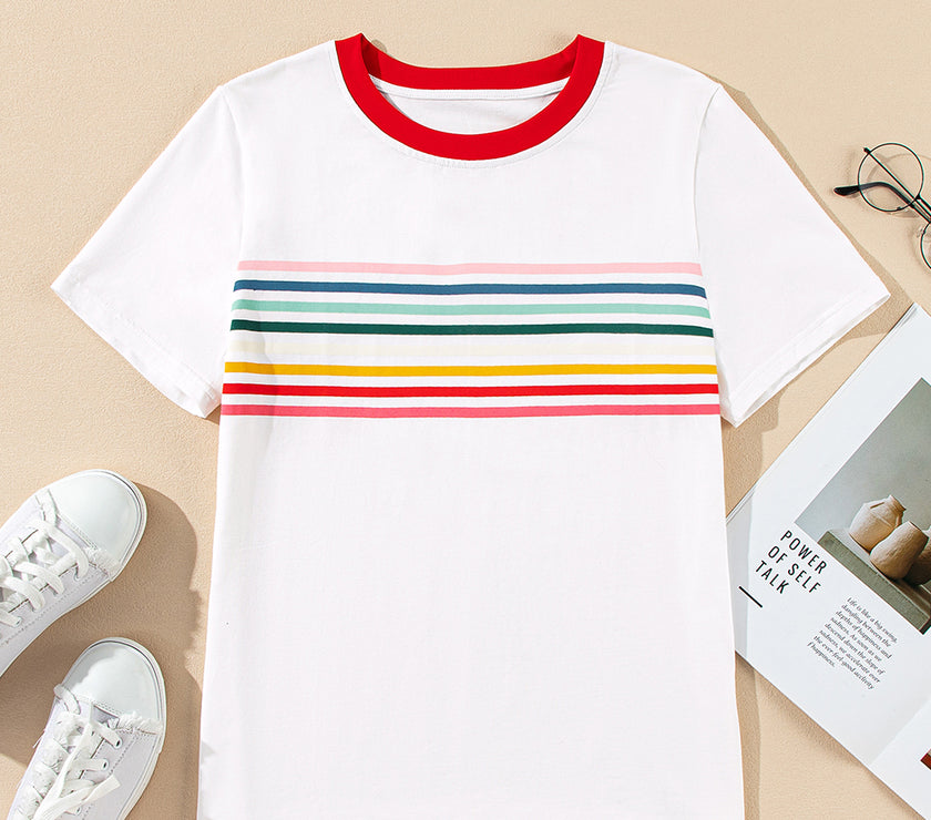 White Rainbow Stripe Print Contrast Crewneck T Shirt
