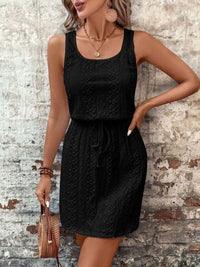 Eyelet Drawstring Round Neck Sleeveless Dress