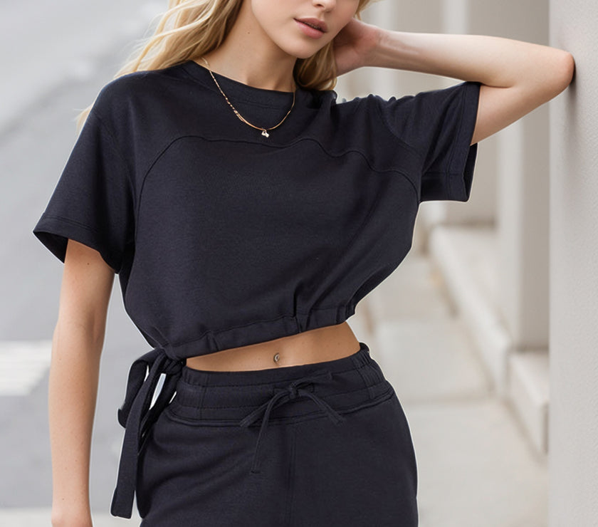 Basic Bae Drawstring Hem Air Scuba Round Neck Short Sleeve T-Shirt