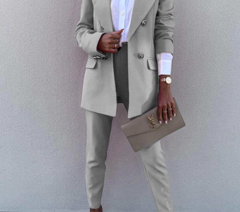 Lapel Collar Long Sleeve Blazer and Pants Set