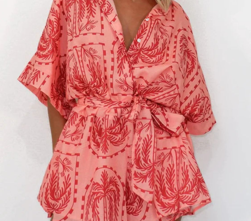 Printed Tie Waist Half Sleeve Romper