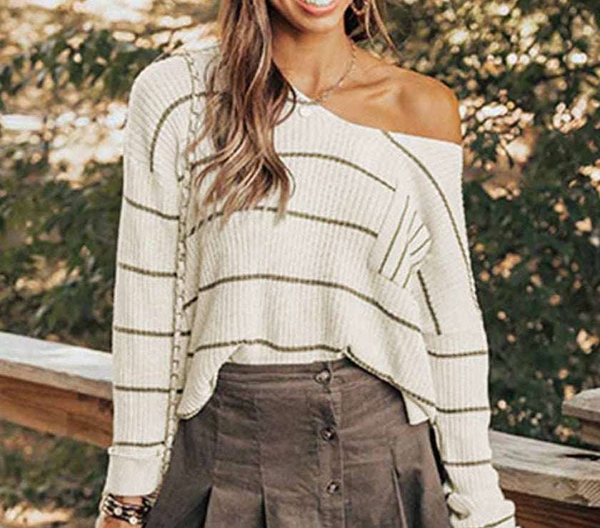 Striped V-Neck Drop Shoulder Sweater