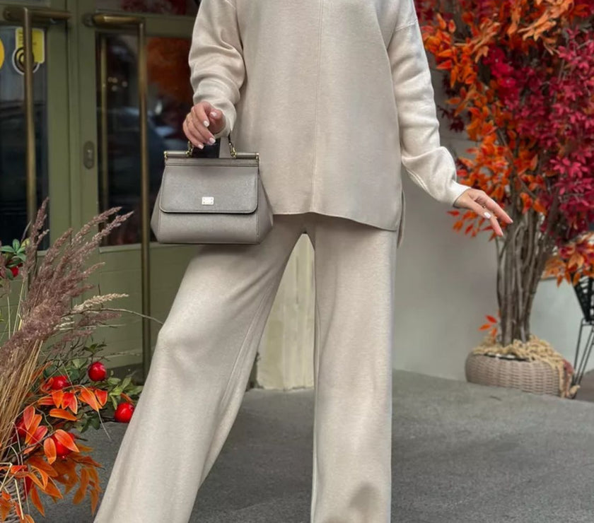 Slit Mock Neck Top and Pants Sweater Set