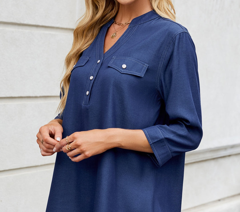 Notched Three-Quarter Sleeve Denim Top