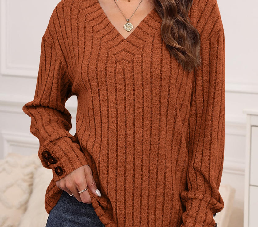 Decorative Button V-Neck Long Sleeve T-Shirt