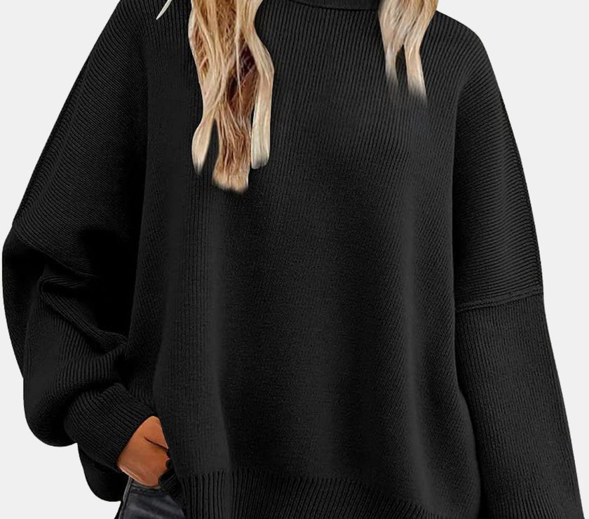 Round Neck Drop Shoulder Slit Sweater