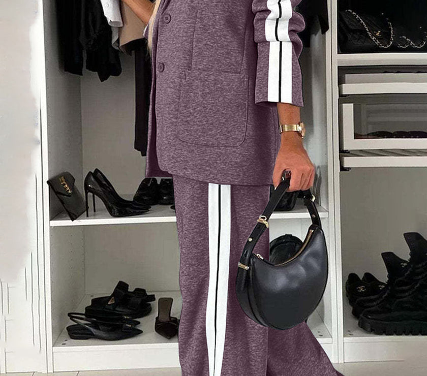 Full Size Contrast Lapel Collar Top and Pants Set