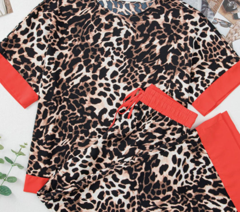 Contrast Trim Leopard Round Neck Top and Pants Lounge Set