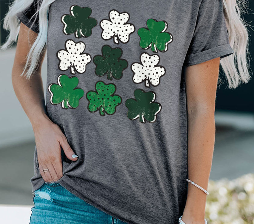 Lucky Clover Round Neck Short Sleeve T-Shirt