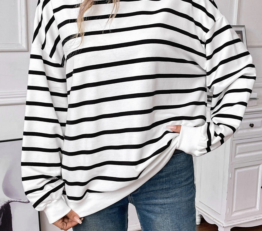 Lovelet Striped Round Neck Long Sleeve Sweatshirt