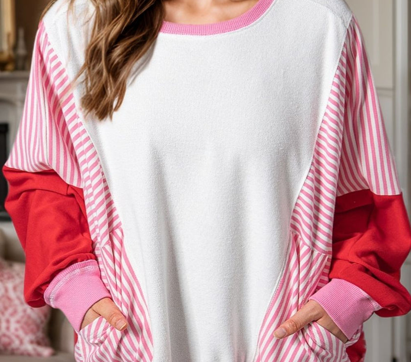 Striped Color Block Round Neck Long Sleeve Sweatshirt