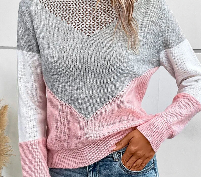 Openwork Contrast Round Neck Long Sleeve Knit Top
