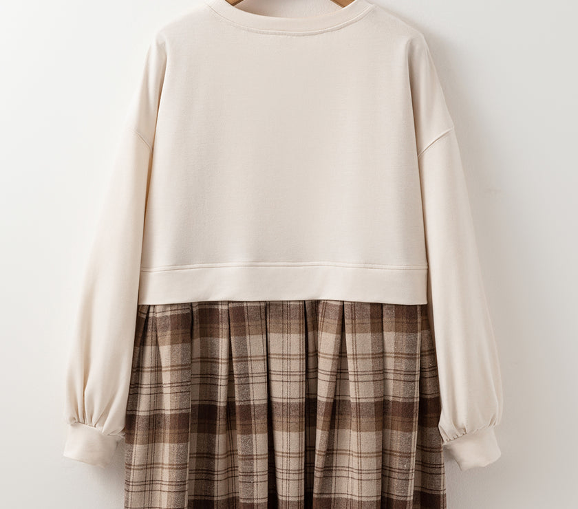 Plaid Round Neck Long Sleeve Mini Dress