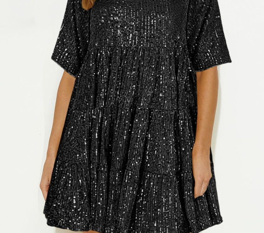 Sequin Round Neck Half Sleeve Mini Dress
