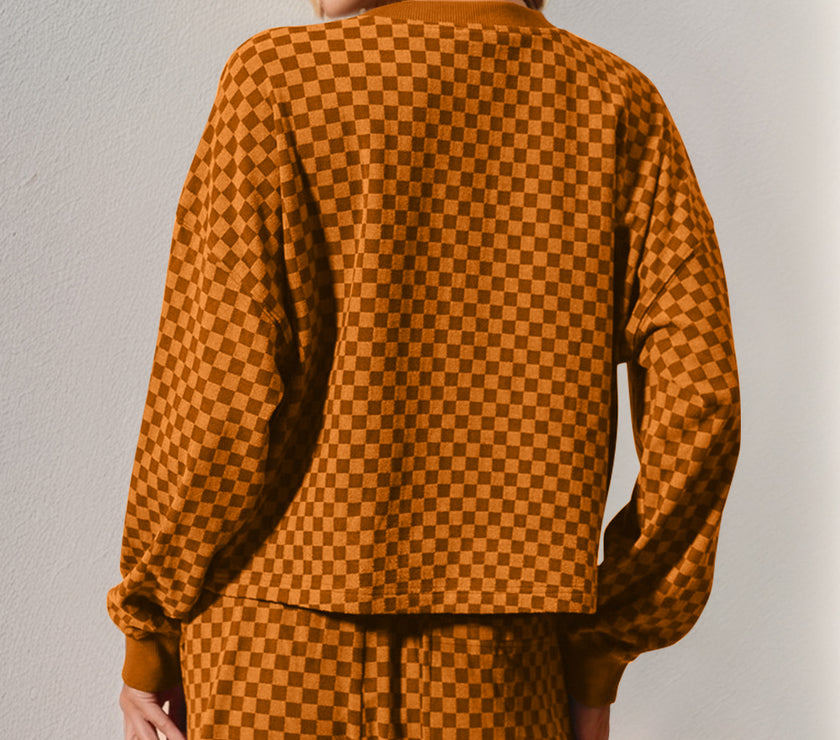 Double Take Checkered Half Button Top and Shorts Set