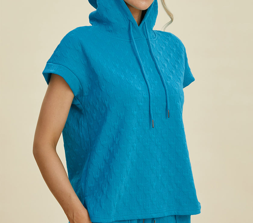 Double Take Full Size Texture Drawstring Short Sleeve Hoodie and Pocketed Pants Set