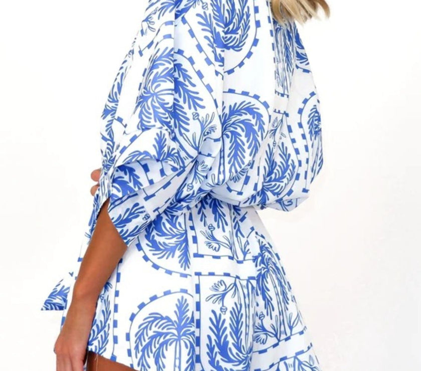 Printed Tie Waist Half Sleeve Romper