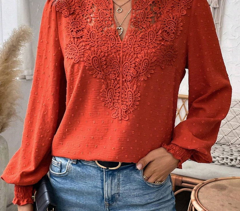Swiss Dot Lace Detail Notched Long Sleeve Blouse