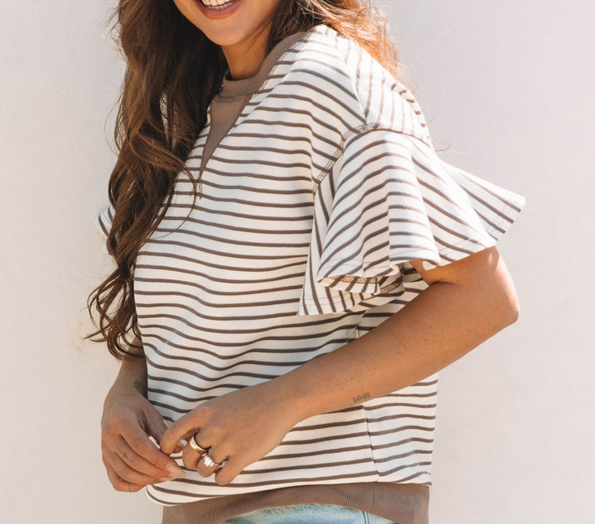 Parchment Contrast Detail Striped Ruffle Short Sleeve Top