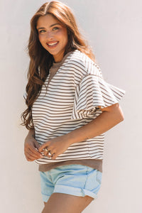 Parchment Contrast Detail Striped Ruffle Short Sleeve Top