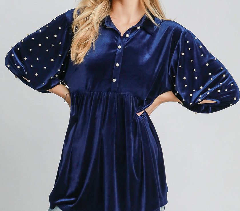 Umgee Pearl Detail Collared Neck Velvet Babydoll Blouse
