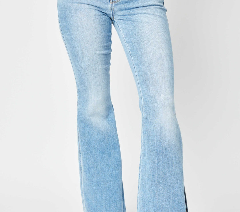 Judy Blue Full Size Mid Rise Raw Hem Slit Flare Jeans