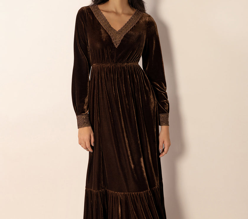 Lace Detail V-Neck Long Sleeve Maxi Dress