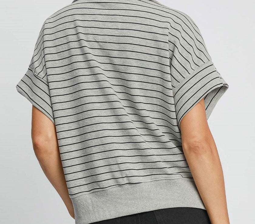 Umgee Striped Half Zip Short Sleeve Sweatshirt