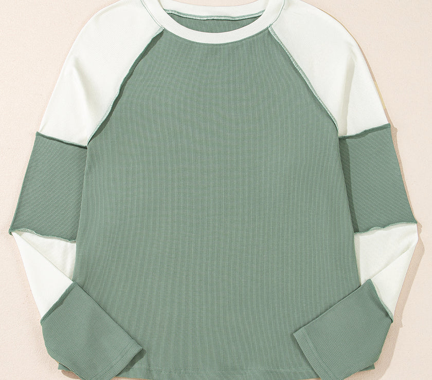 Color Block Round Neck Raglan Sleeve Top