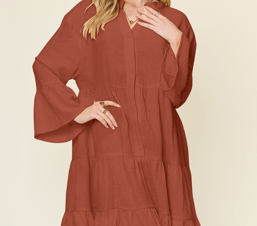 Double Take Full Size Texture Button Up Ruffle Hem Dress