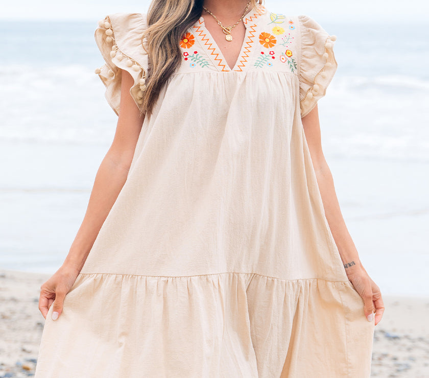 Jet Stream Linen Embroidery Split Neck Pom Pom Ruffle Sleeves Flowy Short Dress