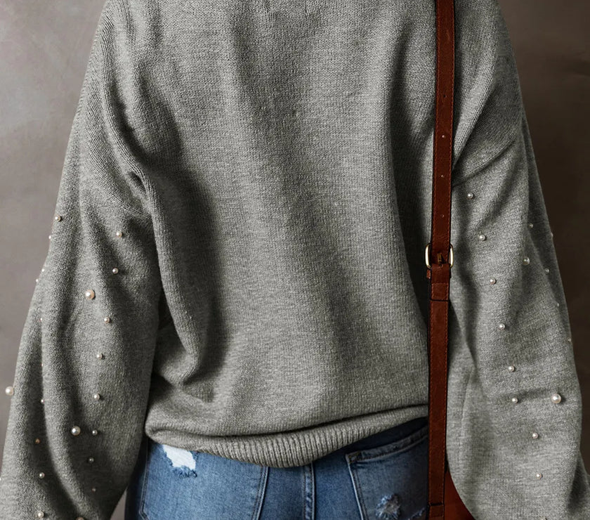 Pearl Detail Round Neck Long Sleeve Sweater