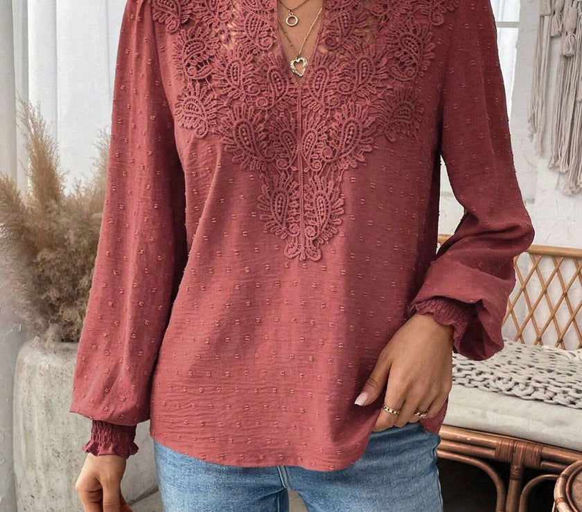 Swiss Dot Lace Detail Notched Long Sleeve Blouse