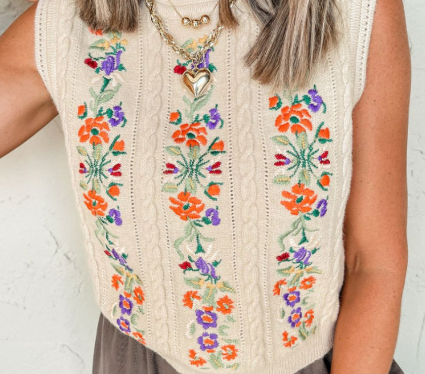 Embroidered Cable-Knit Round Neck Sweater Vest