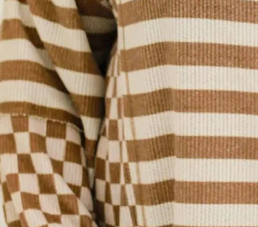 Plus Size Stripes & Checker Round Neck Long Sleeve Top