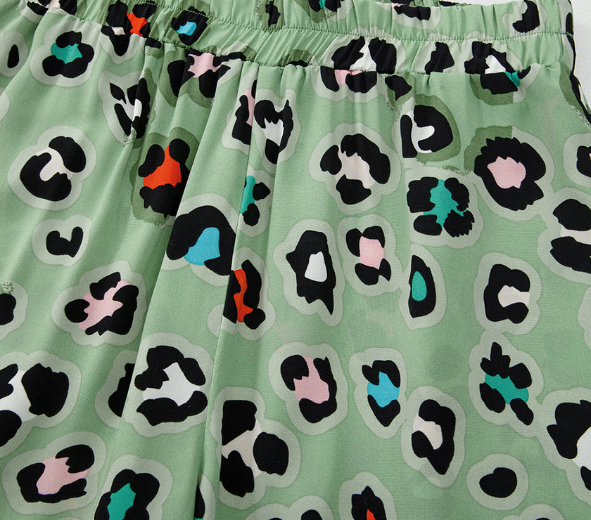 Green Leopard Print Short Sleeve Shirt and Wide Leg Pants Set
