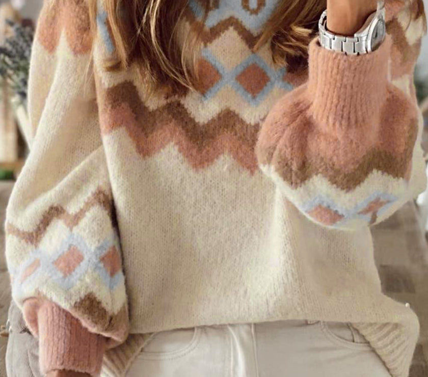 Geometric Mock Neck Long Sleeve Sweater