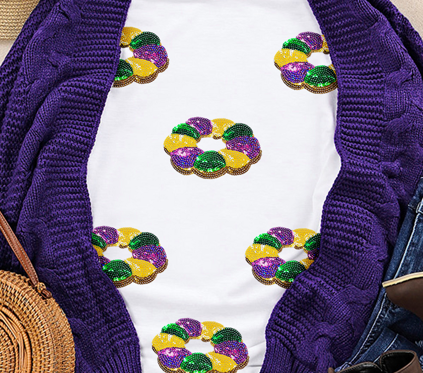 White Sequined Mardi Gras Pattern Crew Neck Short Sleeve Top