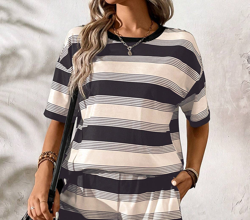 Black Stripe Short Sleeve T Shirt and High Waist Pocketed Shorts Set