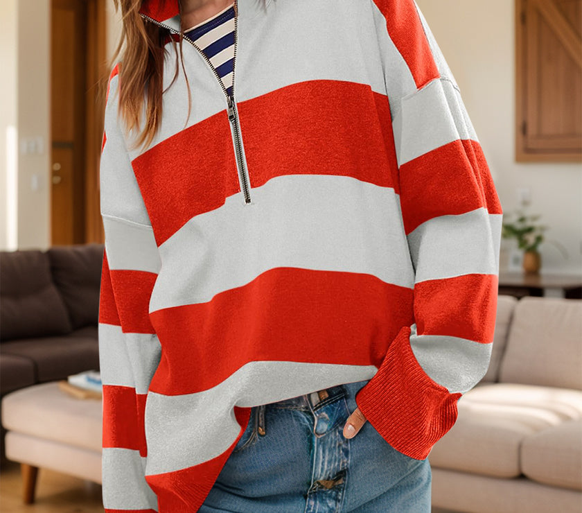 Color Block Half Zip Long Sleeve Sweater