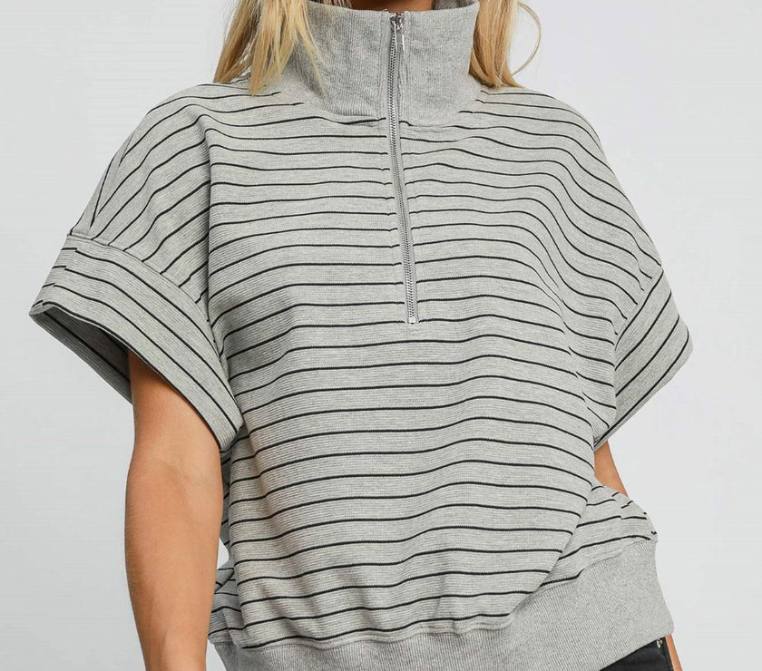 Umgee Striped Half Zip Short Sleeve Sweatshirt