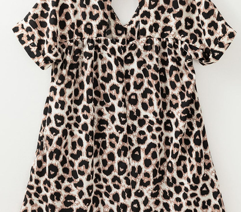 Cutout Back Leopard V-Neck Short Sleeve Mini Dress