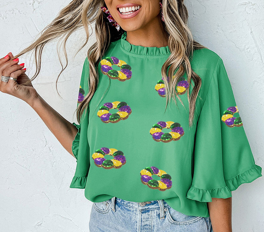 Green Sequin Doughnut Graphic Ruffled Trim Bell Sleeve Mardi Gras Blouse