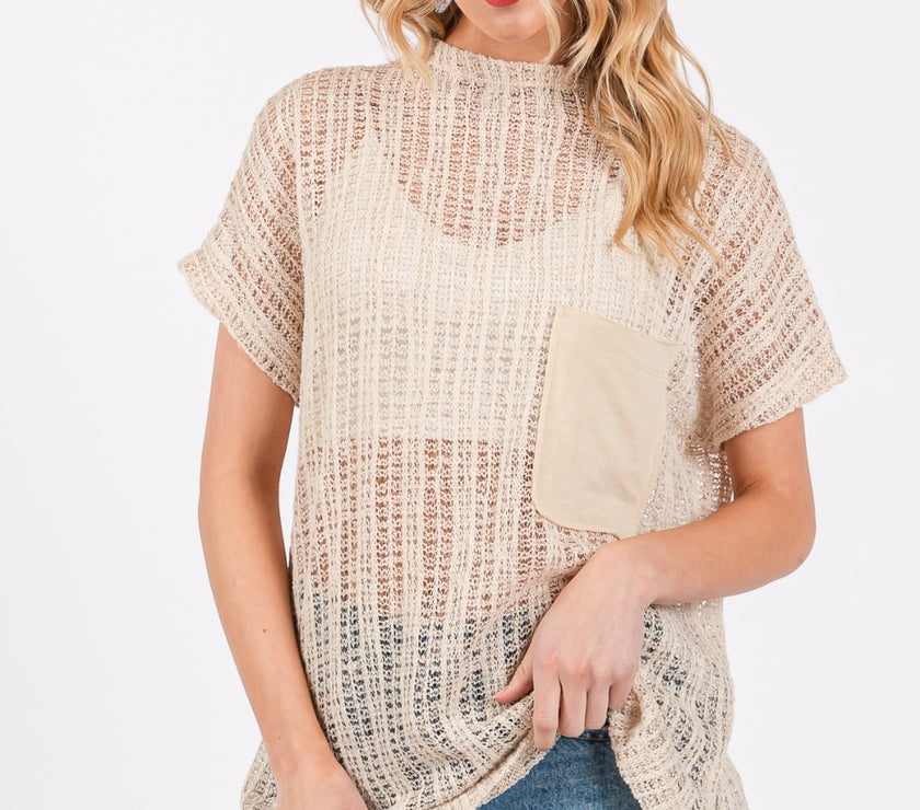 Ces Femme See Through Crochet Mock Neck Cover Up