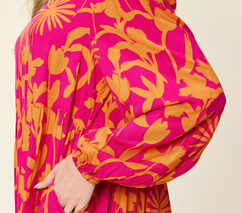 Double Take Full Size Printed Ruffle Hem Dress with Pocket